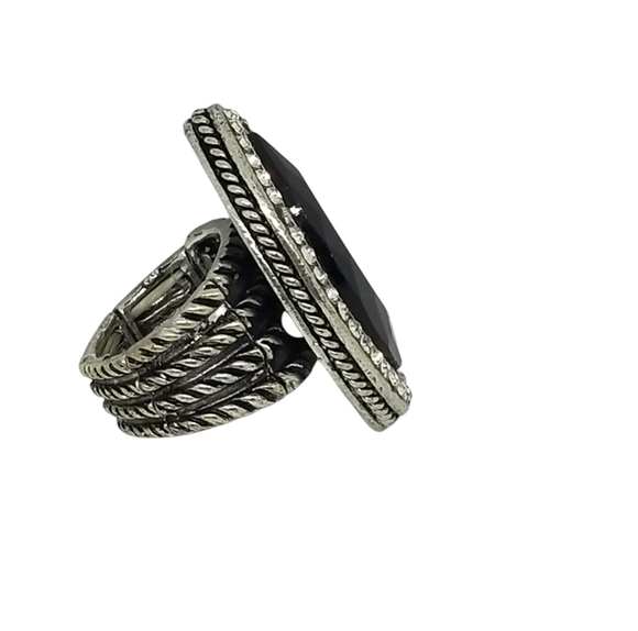LARGE BLACK GLASS STONE & WHITE RHINESTONE SILVERTONE STRETCH COCKTAIL RING - Picture 4 of 5